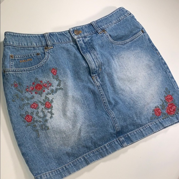 Vintage RALPH Ralph Lauren Denim Mini Skirt CrossStitch Floral Embroidery 10 Y2K - Picture 14 of 14